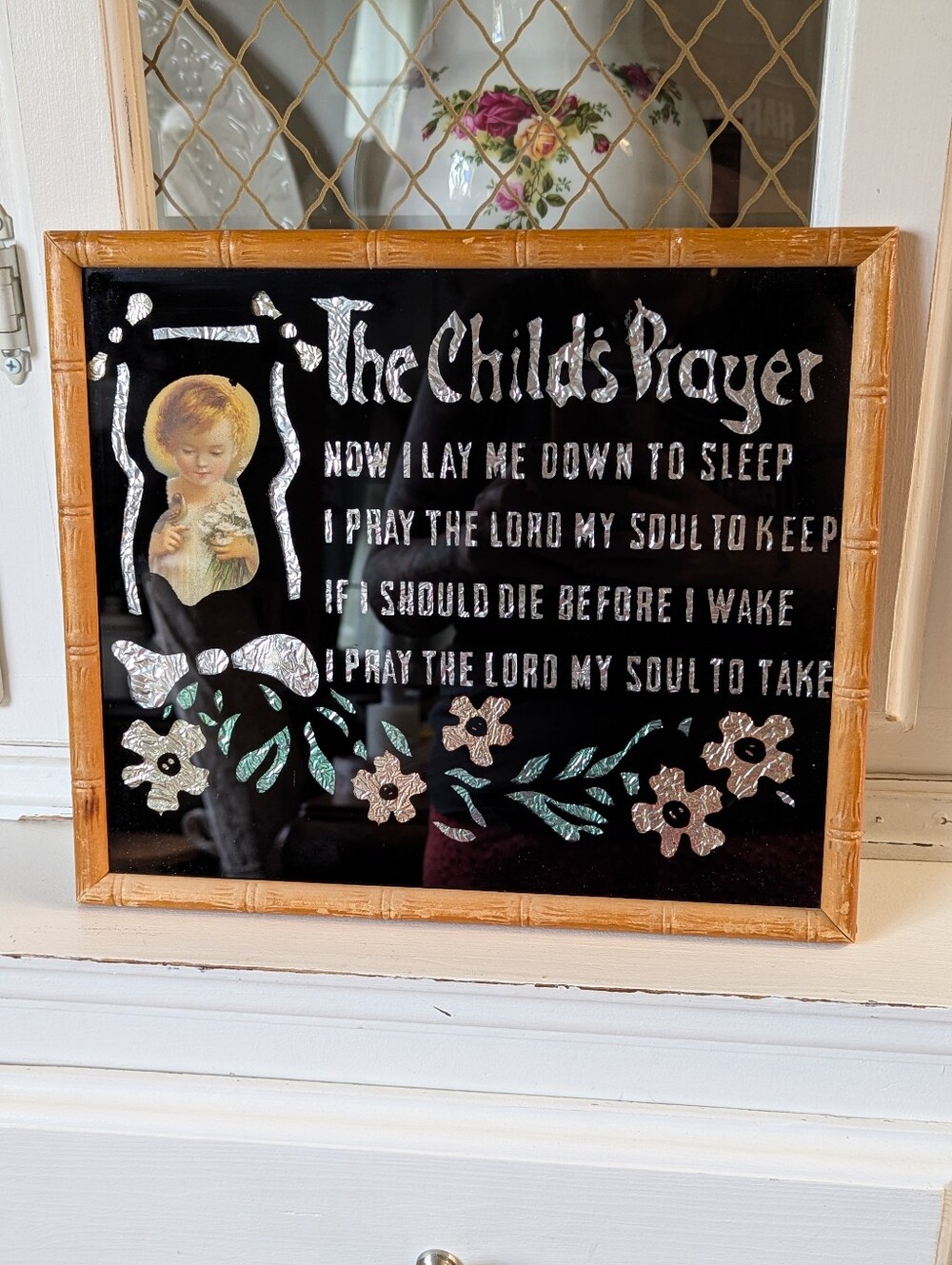 🙏VTG 'The Child's Prayer' Black Gold Shabby Chic Floral Nursery Decor New Baby